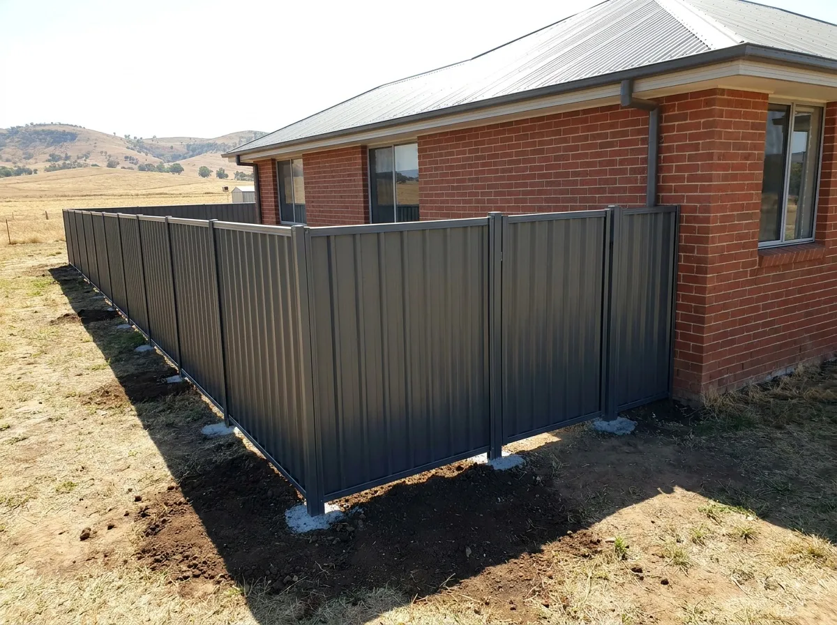 New dark grey Colorbond side fence beside a brick home with dry hills behind