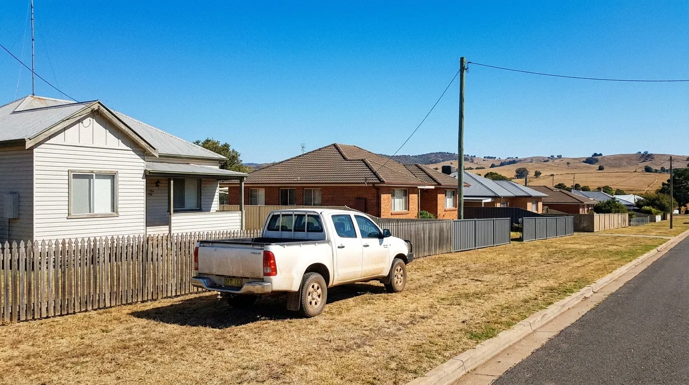 Residential street with a weatherboard home, timber fences and hills in the distance